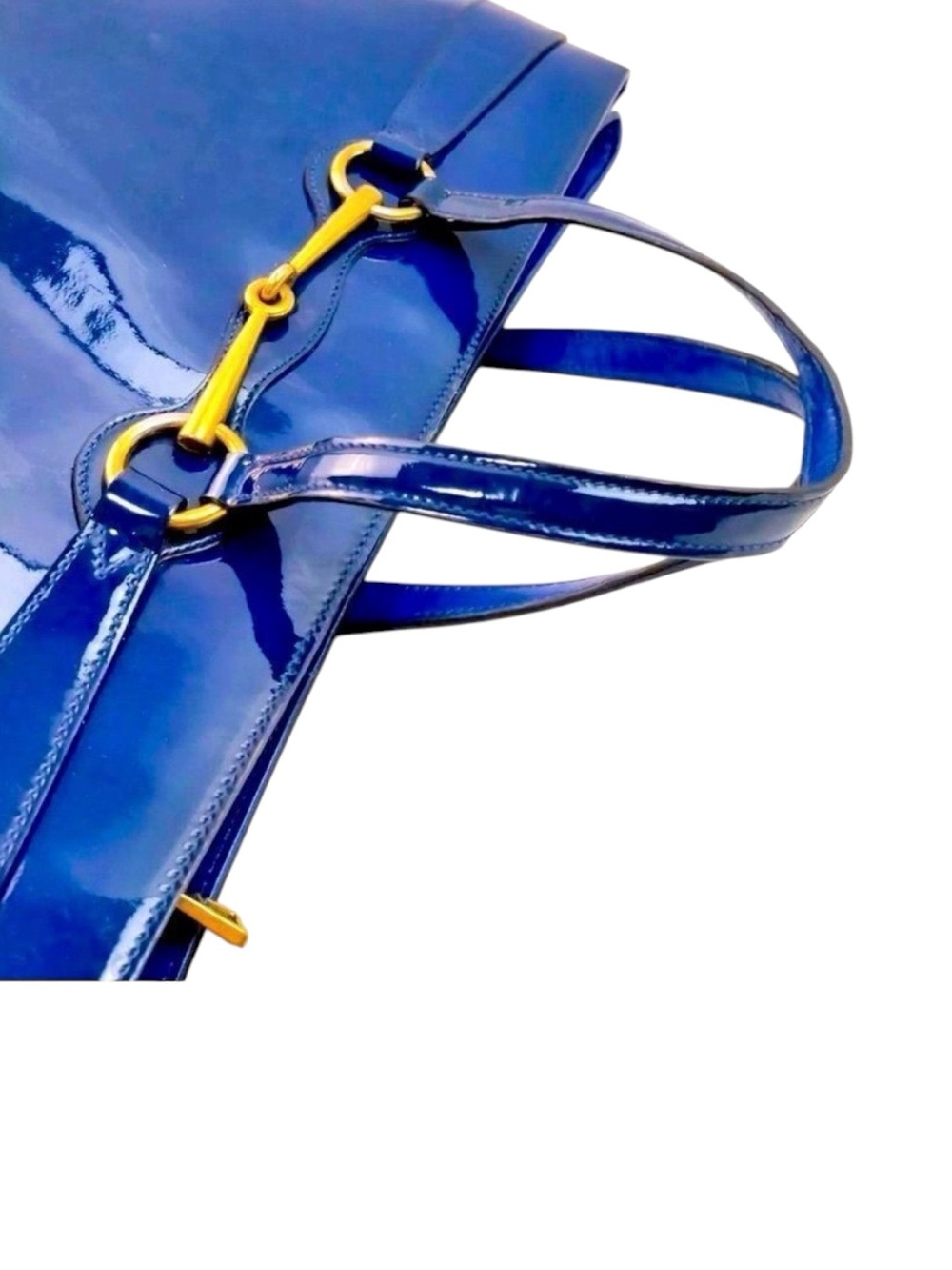 Auth Gucci Medium Bright Bit Blue Patent Leather Tote Bag Horsebit Enamel Purse - Picture 8 of 11